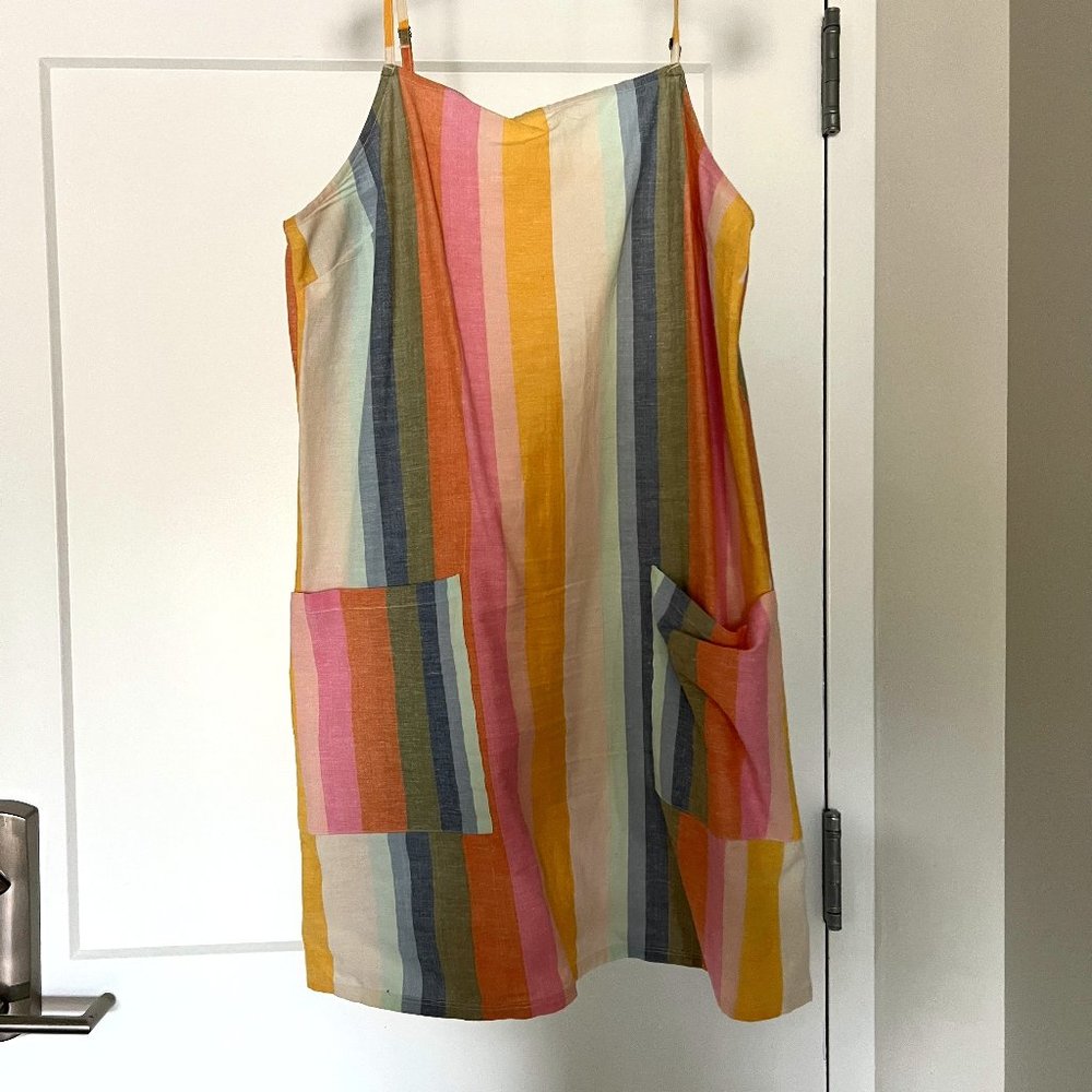 Billabong linen blend rainbow stripe shirt dress with pockets size large